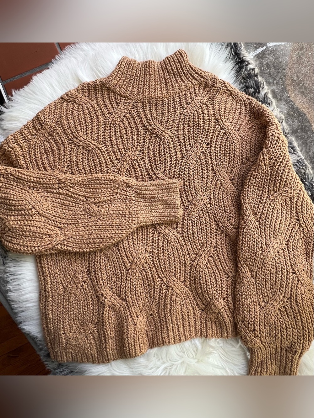 American Eagle Outfitters Cable Knit Turtleneck Sweater - Camel